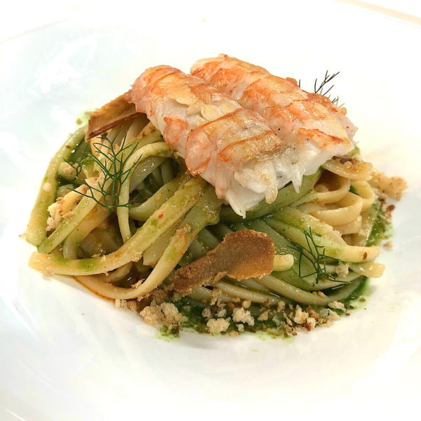 Fettuccia Tenute Costa, jus di finocchietto selvatico, scampi e bottarga artigianale di tonno rosso